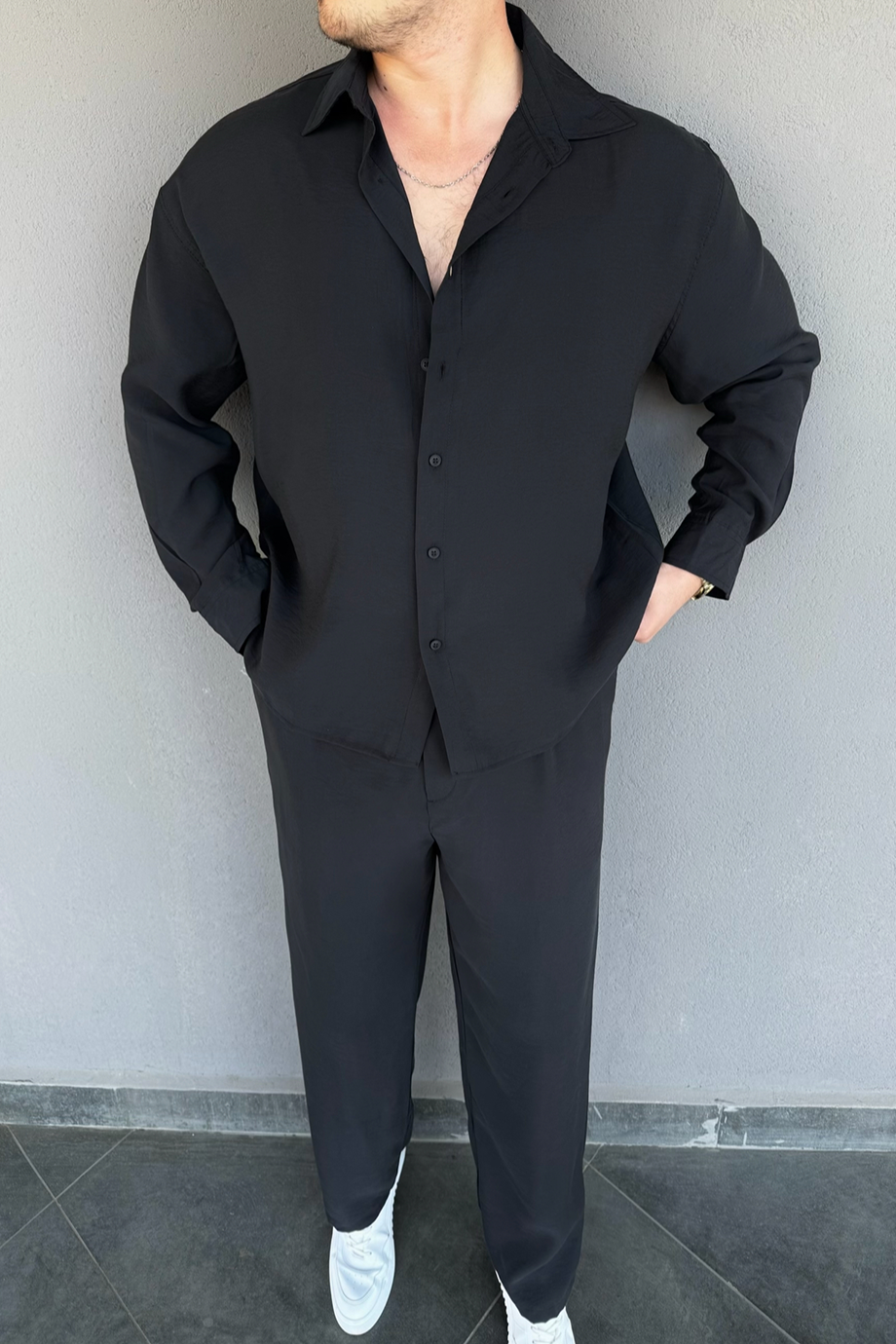 SİYAH PREMİUM MODAL KUMAŞ GÖMLEK-PANTALON TAKIM