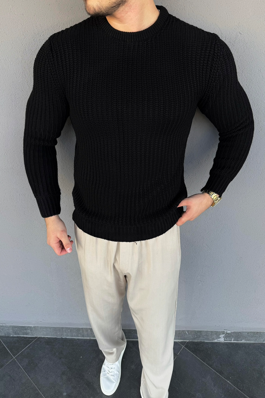 SİYAH SELANİK ÖRME TAM KALIP KAZAK