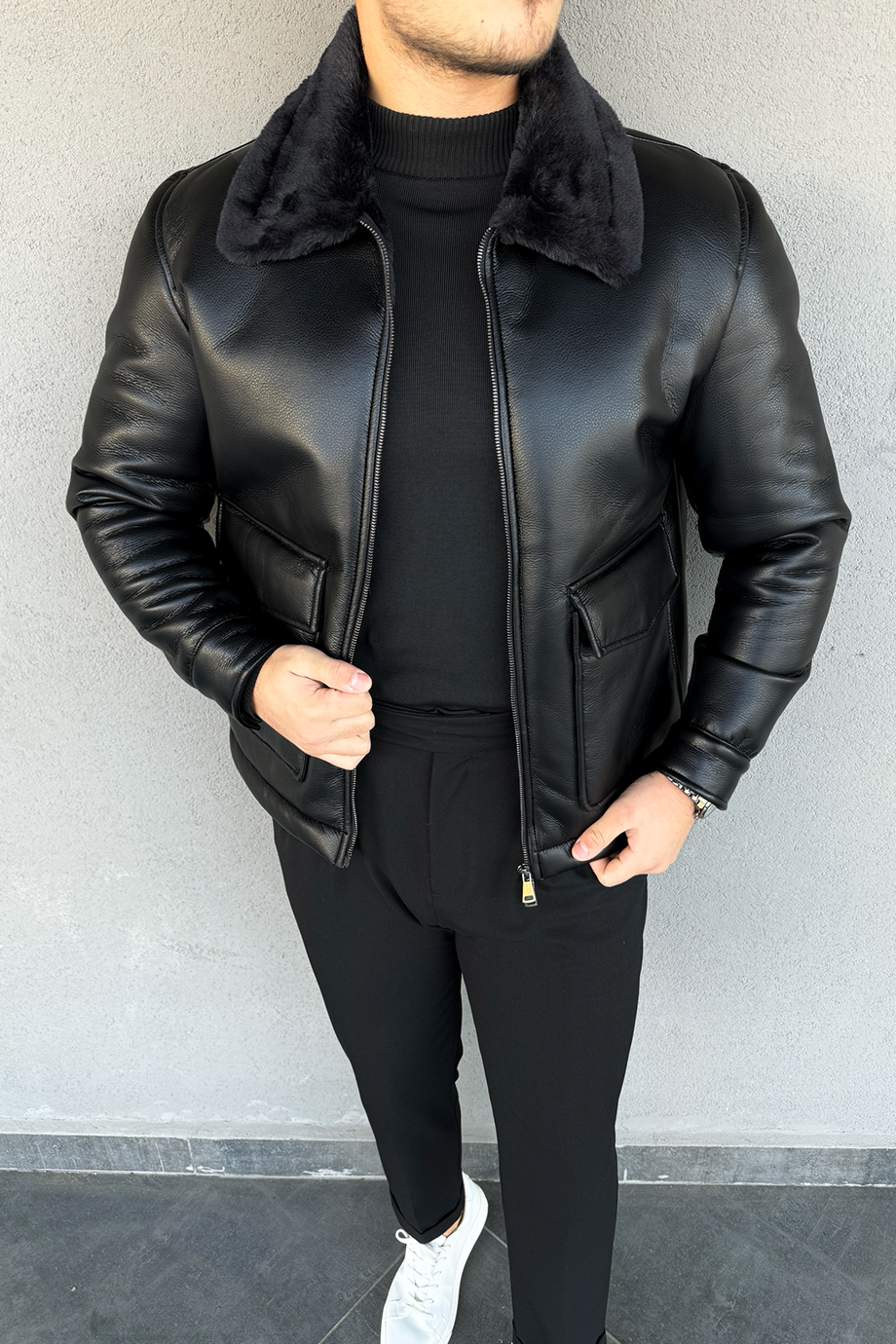 SİYAH-SİYAH KÜRKLÜ PREMİUM TORBA CEPLİ DERİ MONT