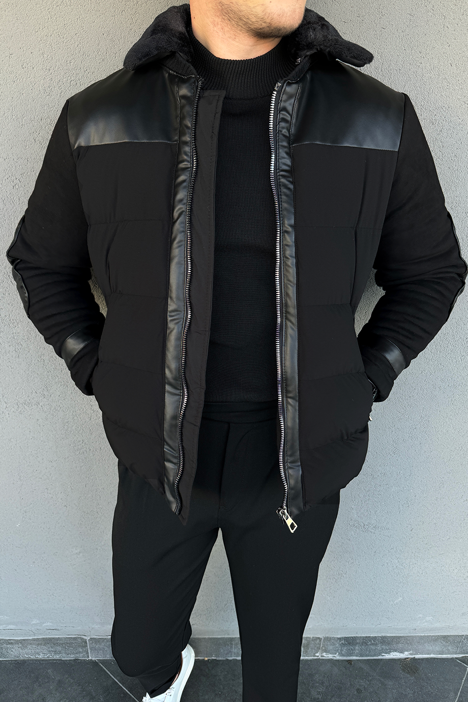 SİYAH-SİYAH ÖZEL TASARIM YAKA KÜRKLÜ MONT