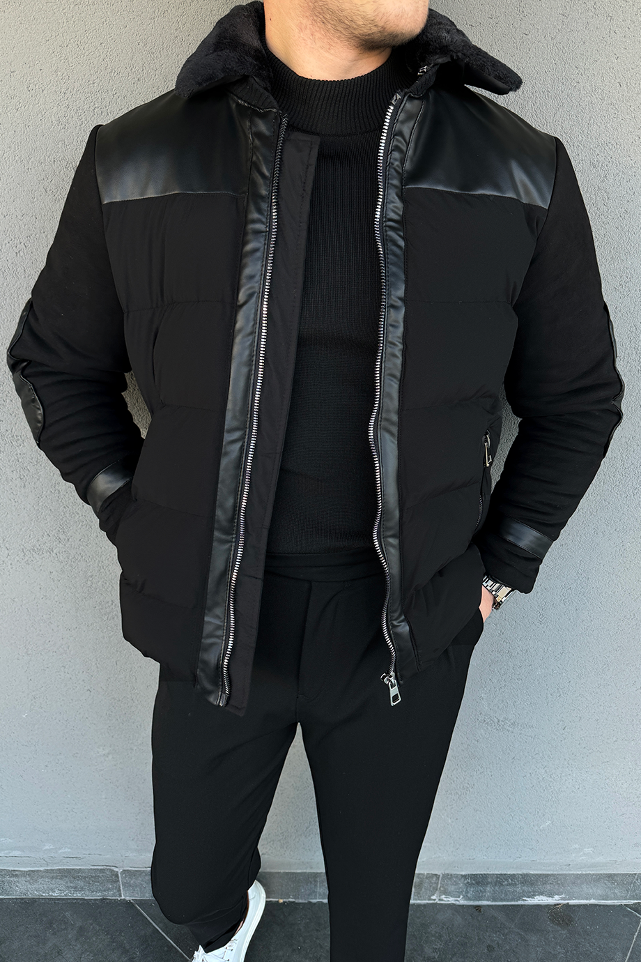 SİYAH-SİYAH ÖZEL TASARIM YAKA KÜRKLÜ MONT