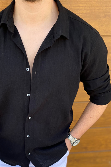 SİYAH STANDART KALIP HAM KETEN GÖMLEK