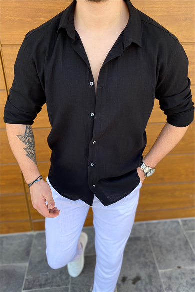 SİYAH STANDART KALIP HAM KETEN GÖMLEK