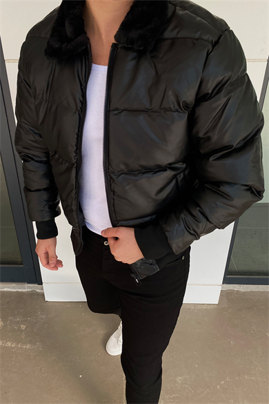 SİYAH YAKA KÜRKLÜ ŞİŞME DERİ MONT