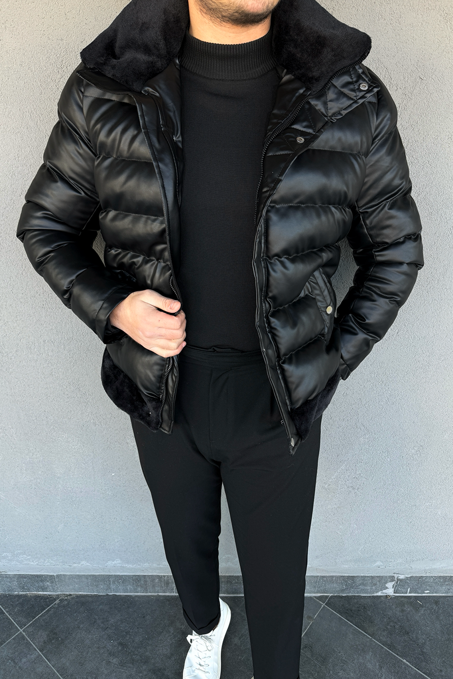 SİYAH YAKA KÜRKLÜ ŞİŞME DERİ MONT