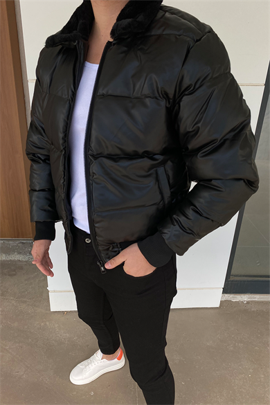 SİYAH YAKA KÜRKLÜ ŞİŞME DERİ MONT