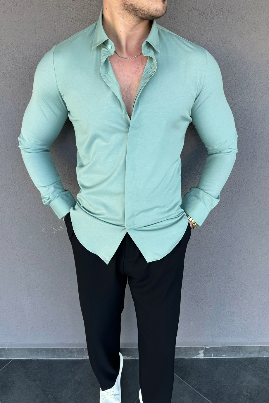 SLİM-FİT MİNT GİZLİ PAT GÖMLEK