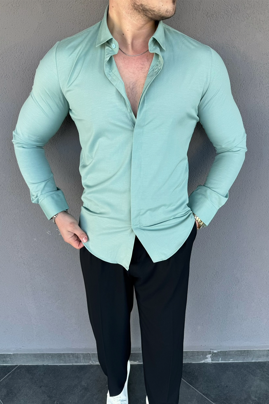 SLİM-FİT MİNT GİZLİ PAT GÖMLEK