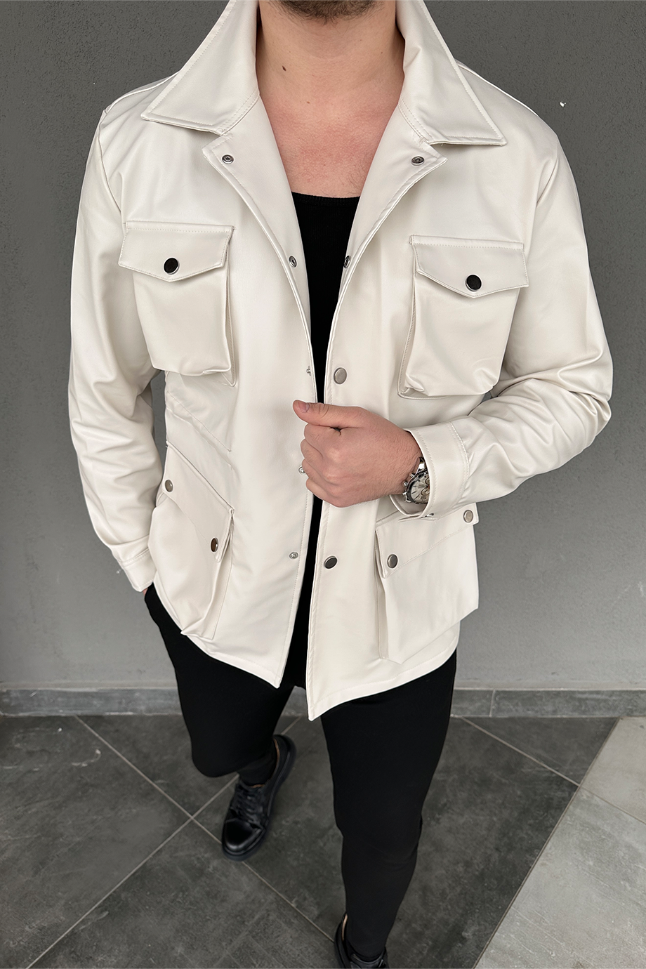 TAŞ GRİ KÖRÜKLÜ DERİ CEKET