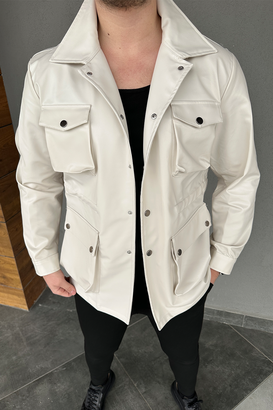 TAŞ GRİ KÖRÜKLÜ DERİ CEKET