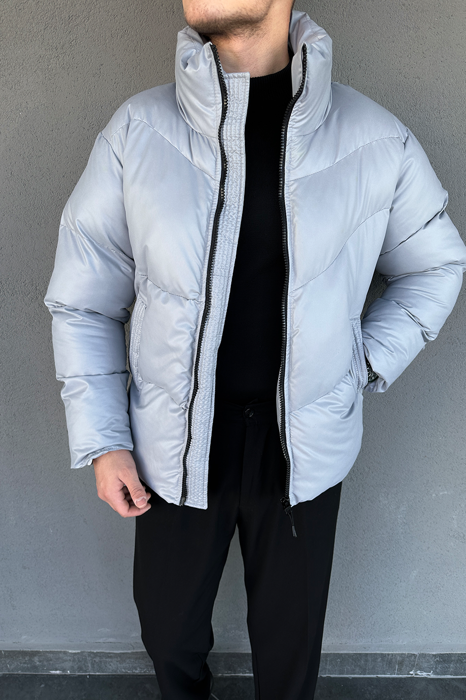 TAŞ GRİ OVERSIZE DİK YAKA ŞİŞME DERİ MONT