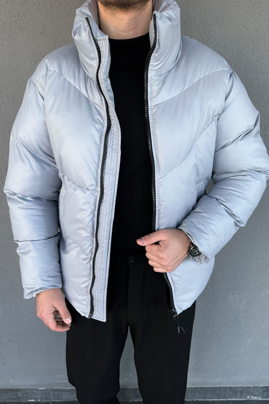 TAŞ GRİ OVERSIZE DİK YAKA ŞİŞME DERİ MONT