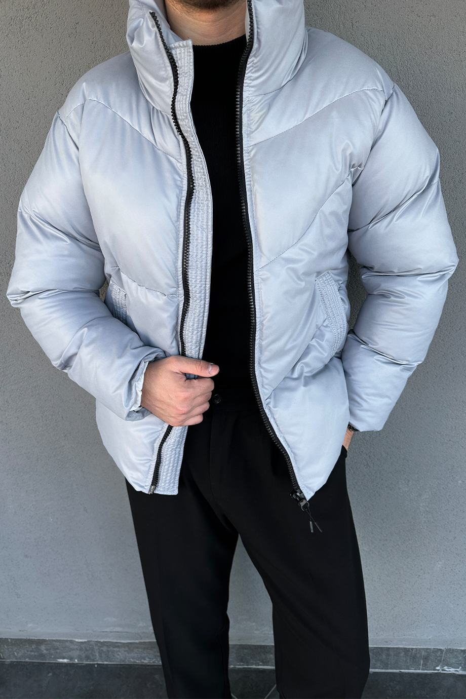 TAŞ GRİ OVERSIZE DİK YAKA ŞİŞME DERİ MONT