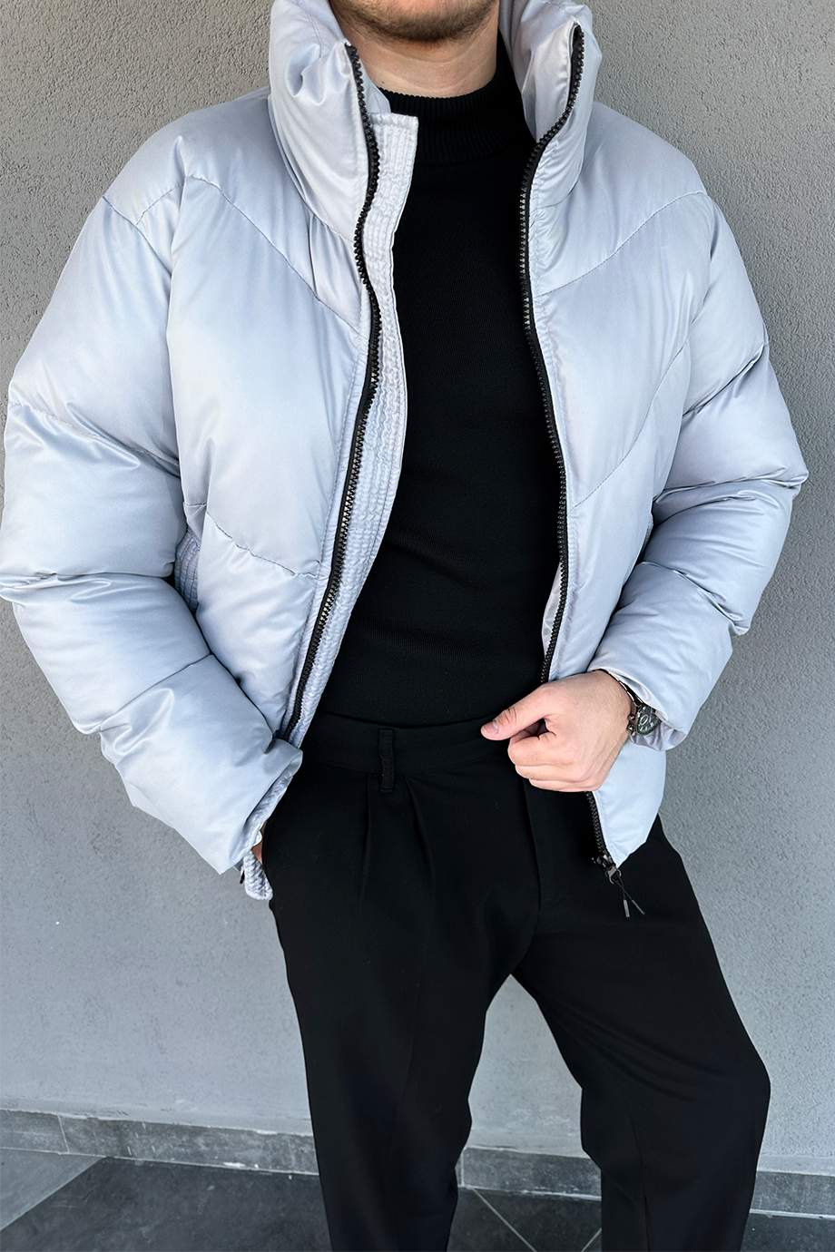 TAŞ GRİ OVERSIZE DİK YAKA ŞİŞME DERİ MONT