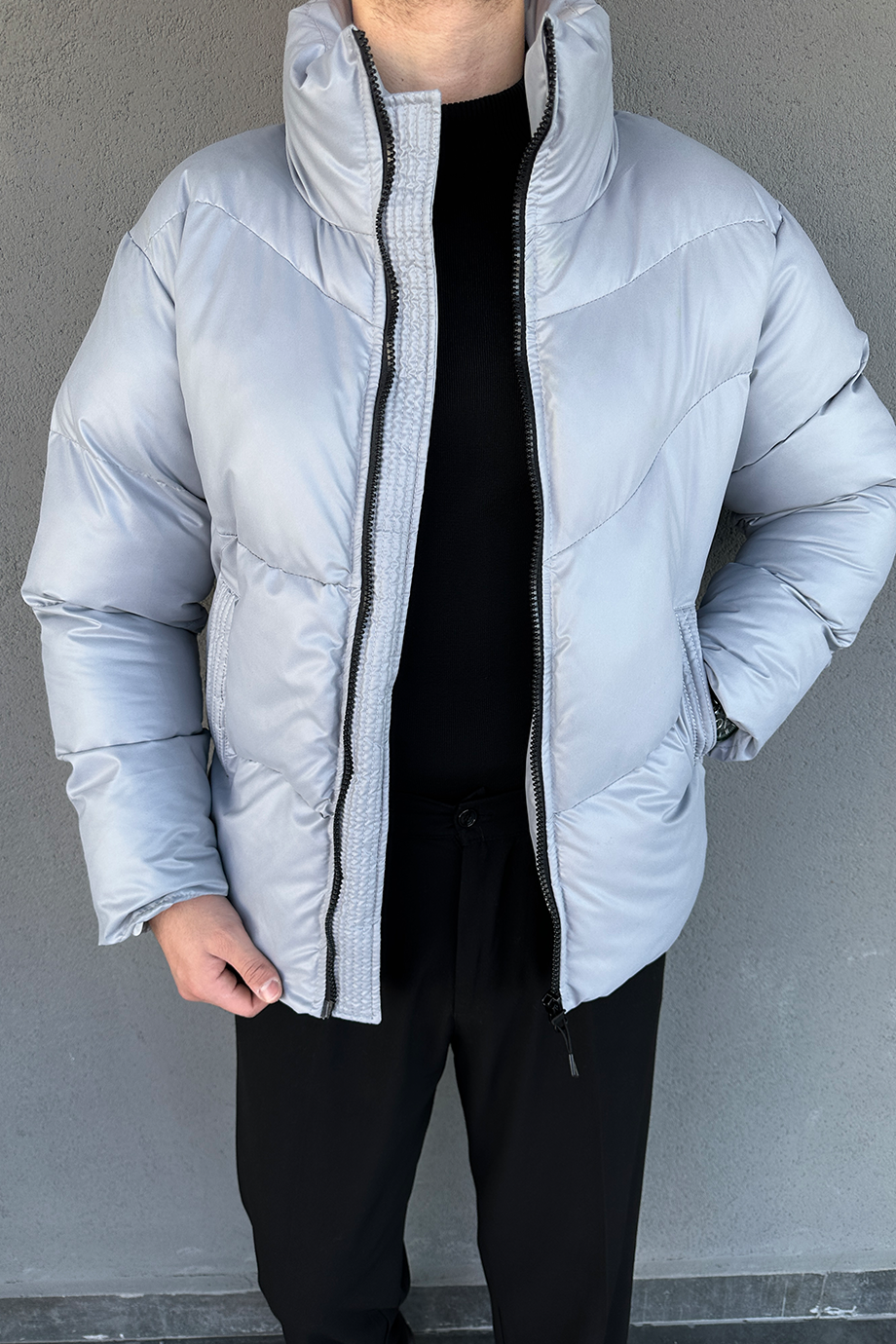 TAŞ GRİ OVERSIZE DİK YAKA ŞİŞME DERİ MONT