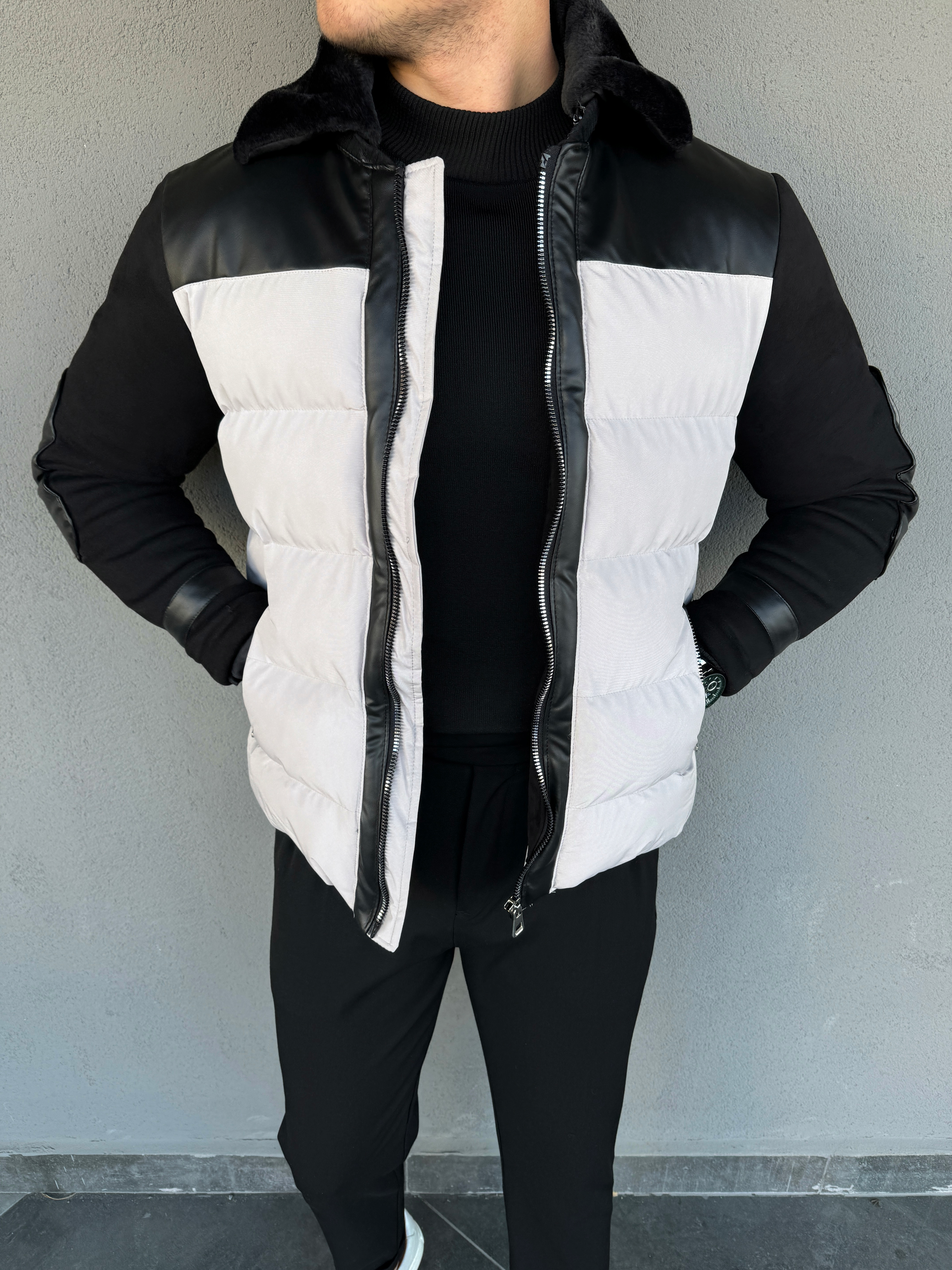 TAŞ GRİ-SİYAH ÖZEL TASARIM YAKA KÜRKLÜ MONT