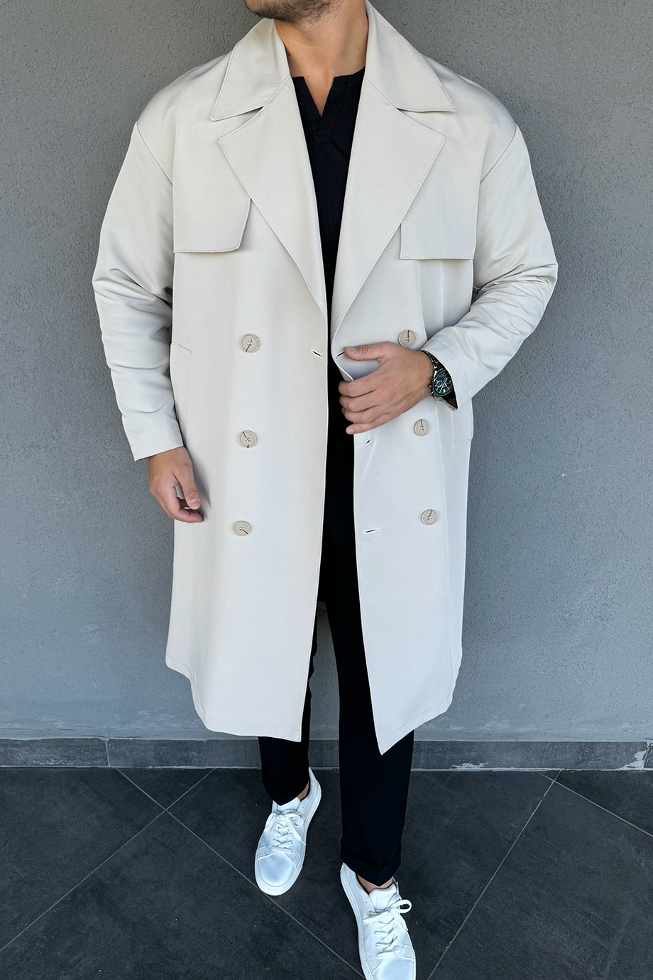 TAŞ RENGİ PREMİUM KALİTEDE ÖZEL TASARIM KEMERLİ TRENÇKOT 