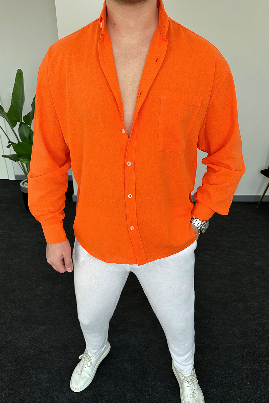 TURUNCU OVERSIZE HAM KETEN GÖMLEK