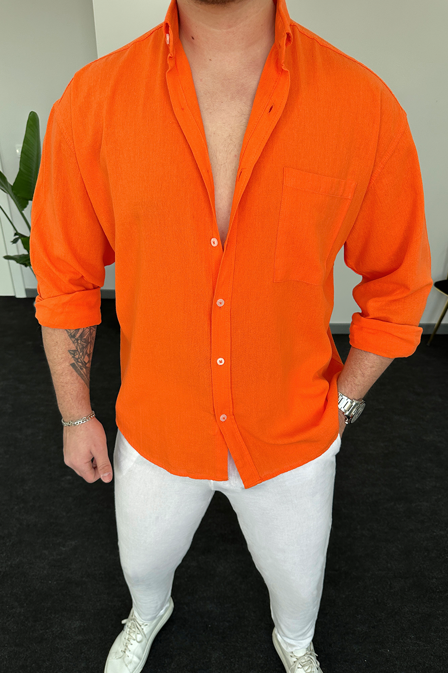 TURUNCU OVERSIZE HAM KETEN GÖMLEK