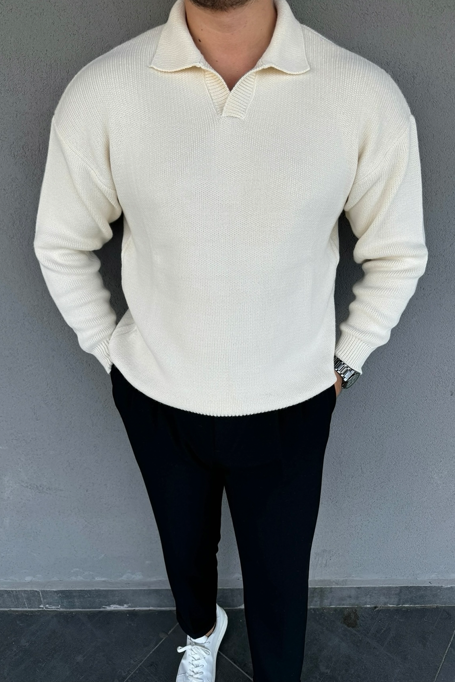 VANİLYA AÇIK YAKA KLASİK OVERSİZE TRİKO KAZAK