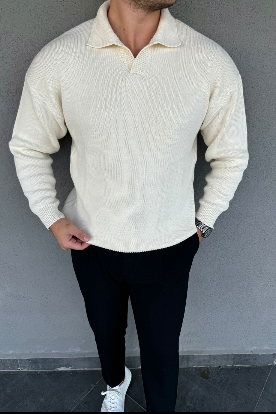 VANİLYA AÇIK YAKA KLASİK OVERSİZE TRİKO KAZAK