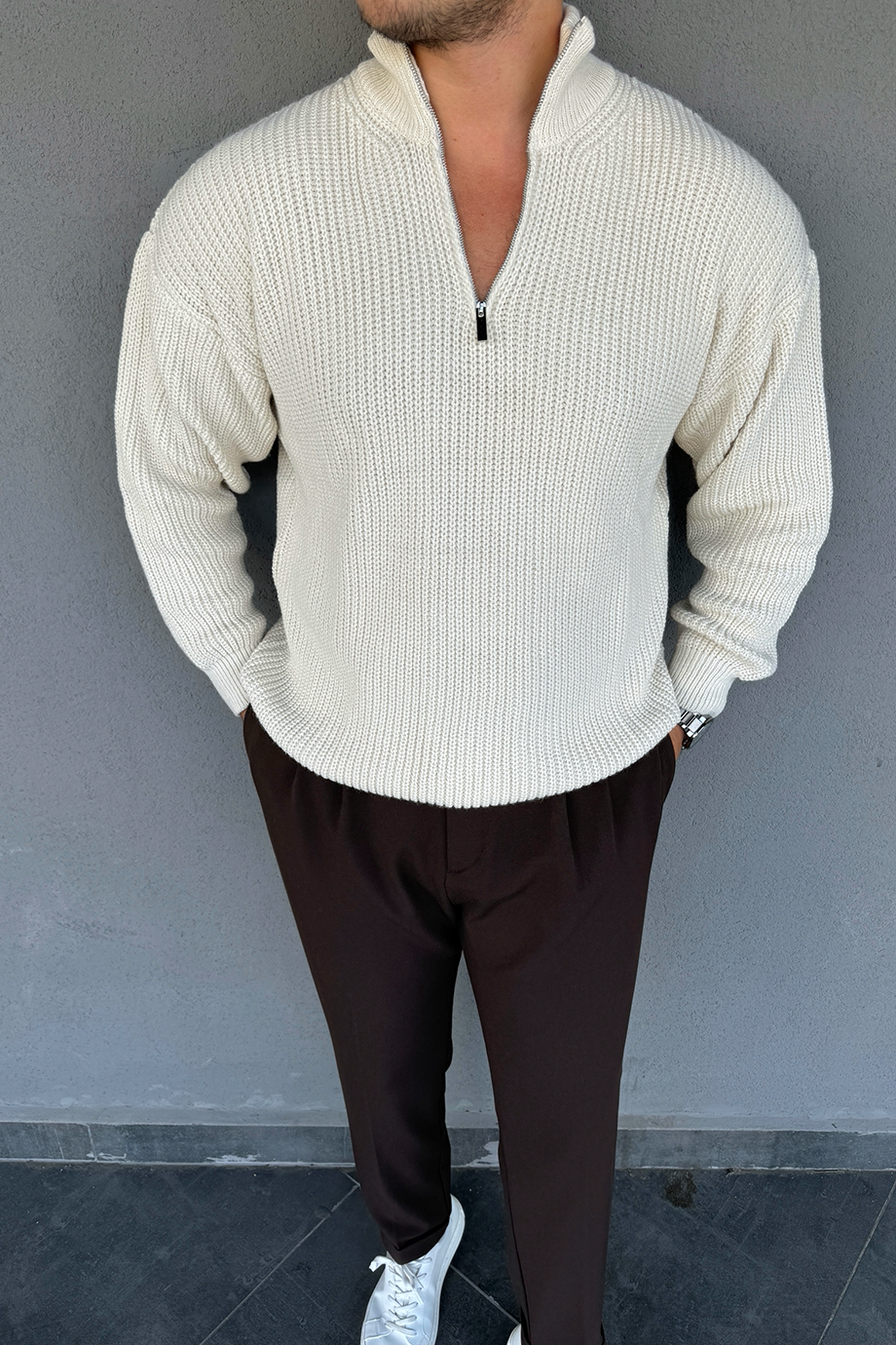 VANİLYA YARIM FERMUARLI OVERSİZE ÖRME KAZAK