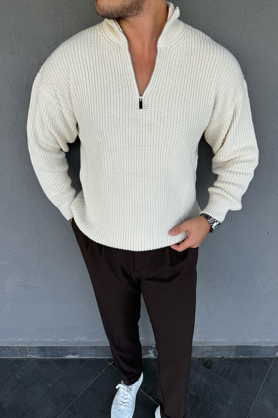 VANİLYA YARIM FERMUARLI OVERSİZE ÖRME KAZAK