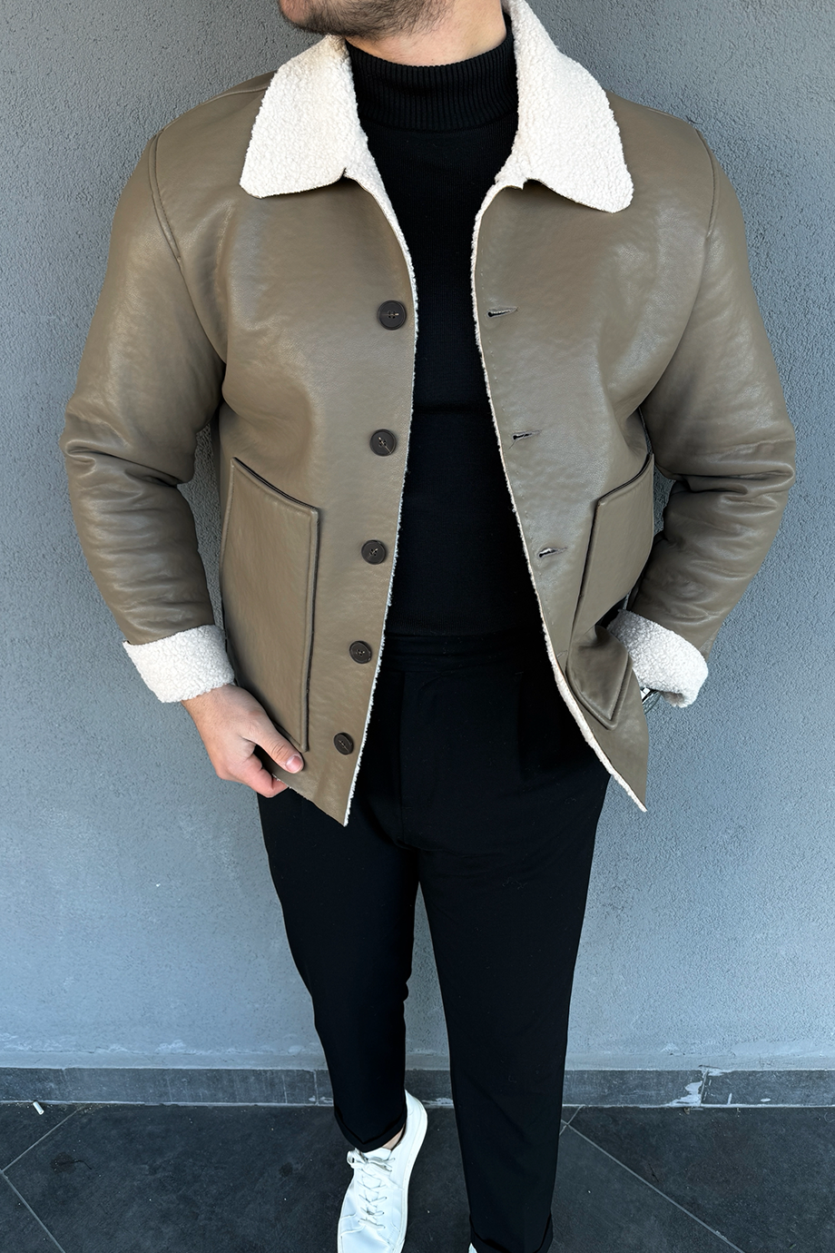 VİZON-BEJ YAKA KÜRKLÜ PREMİUM MONT