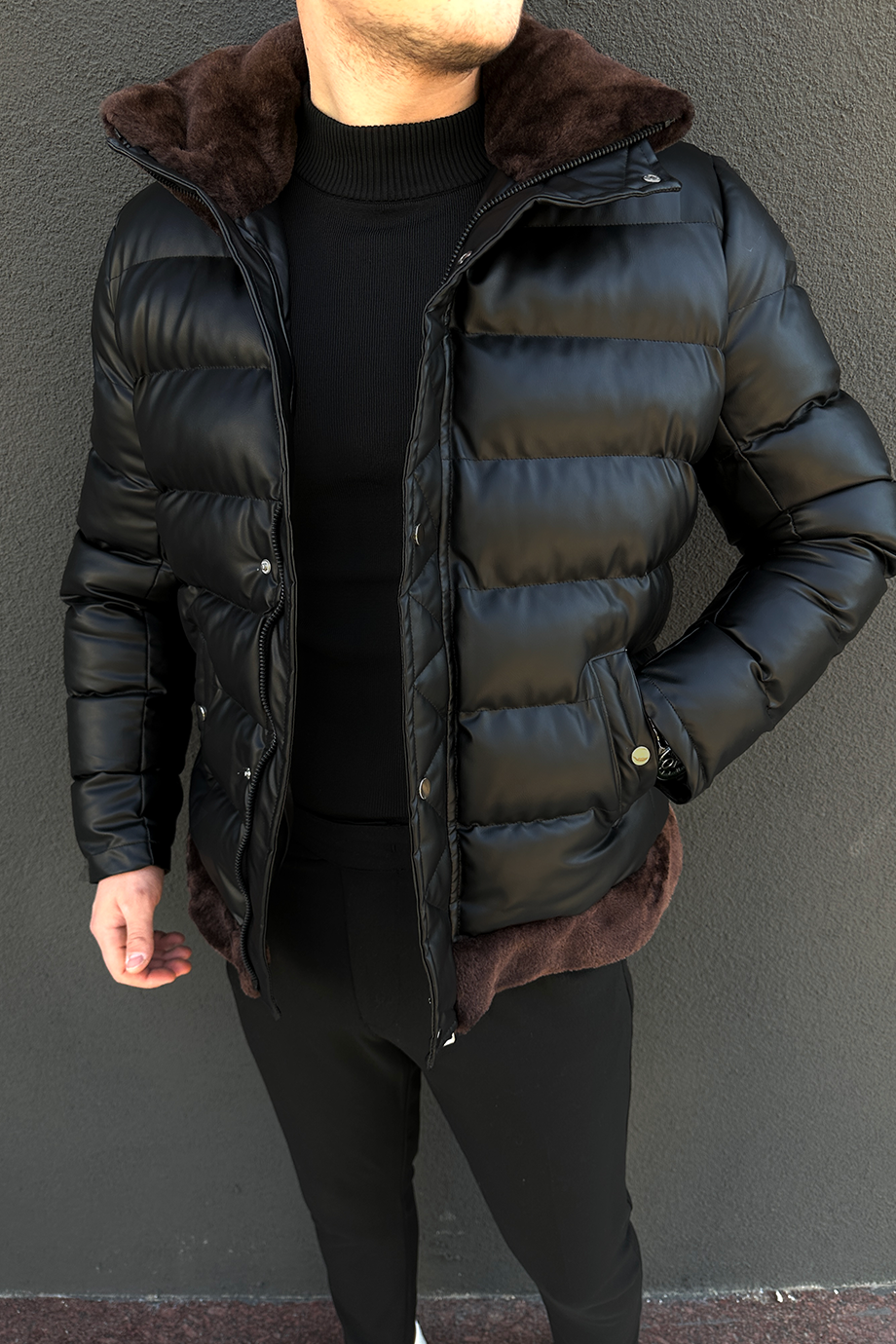 YAKA VE  BEL KAHVE KÜRKLÜ ŞİŞME DERİ MONT