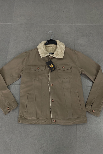 YAKA VE İÇİ KÜRKLÜ AÇIK BEJ KOT CEKET