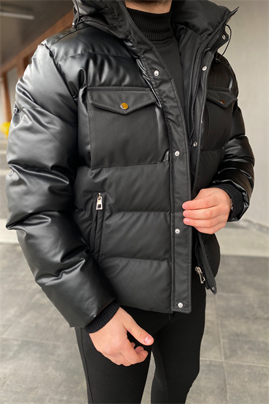 YARI CARBON YARI NORMAL DERİ KAPŞONLU FULL DOLUM ELYAFLI MONT