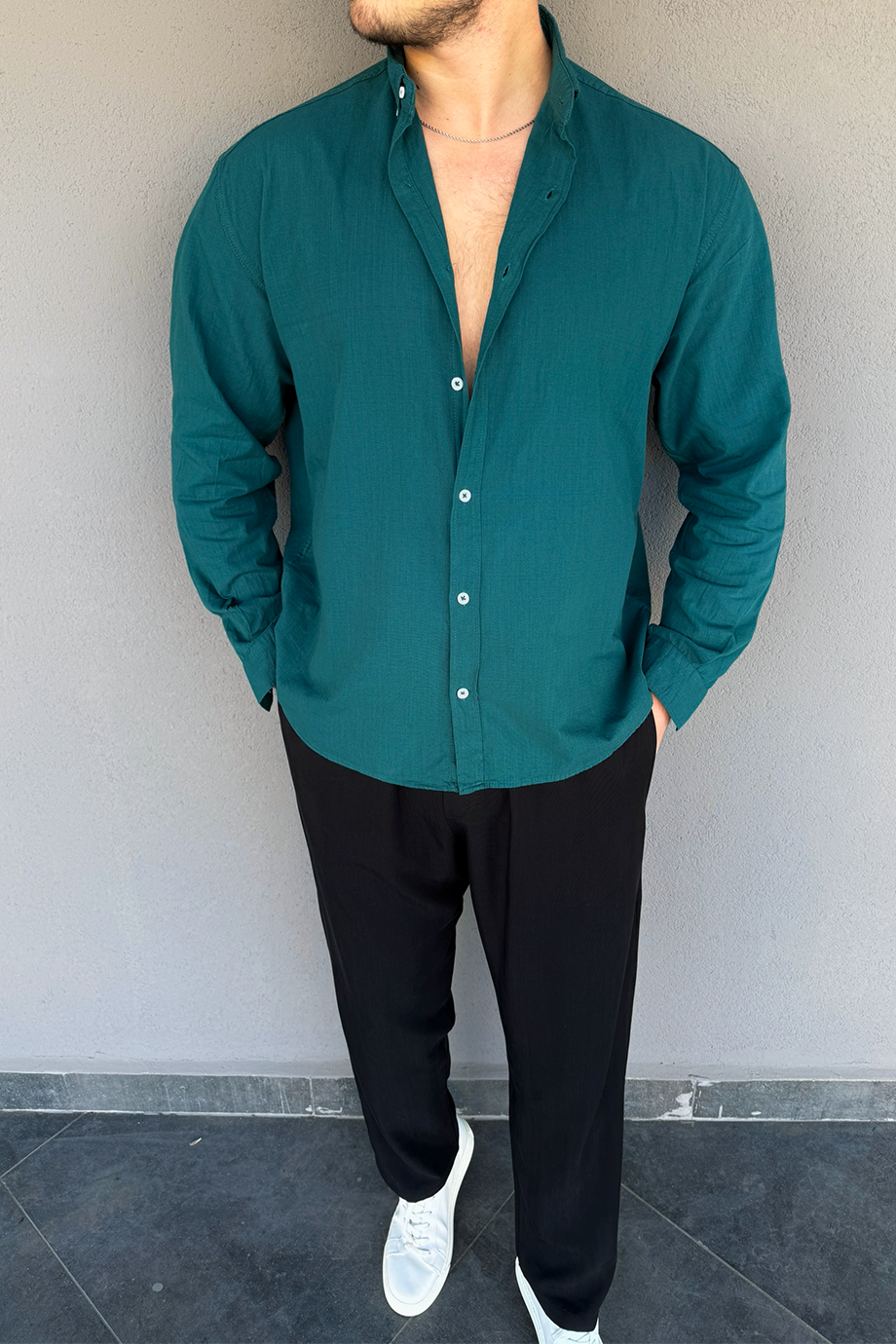 YEŞİL FRESH KETEN OVERSİZE GÖMLEK