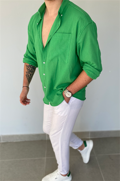 YEŞİL HAM KETEN GÖMLEK