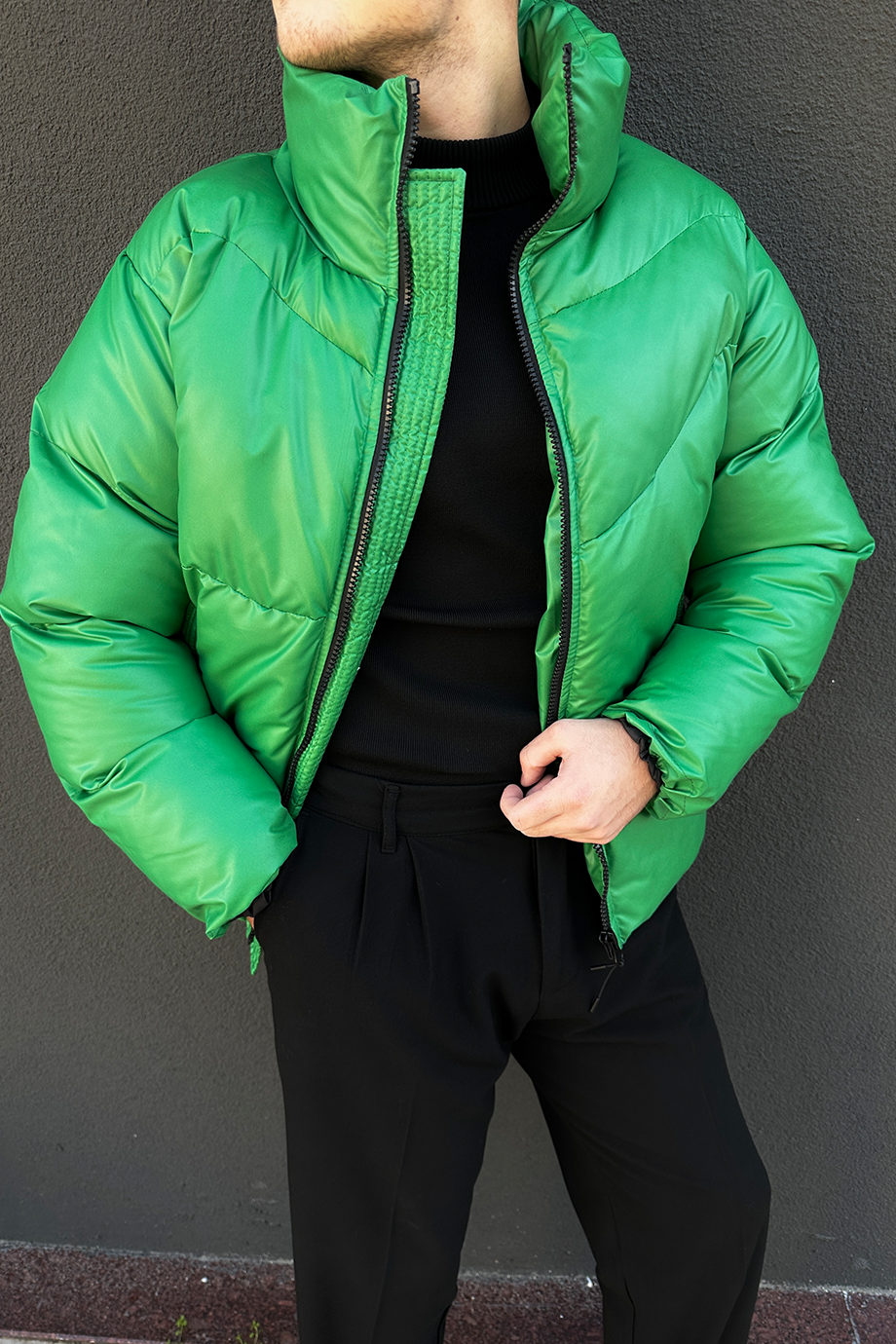 YEŞİL OVERSİZE DİK YAKA ŞİŞME DERİ MONT