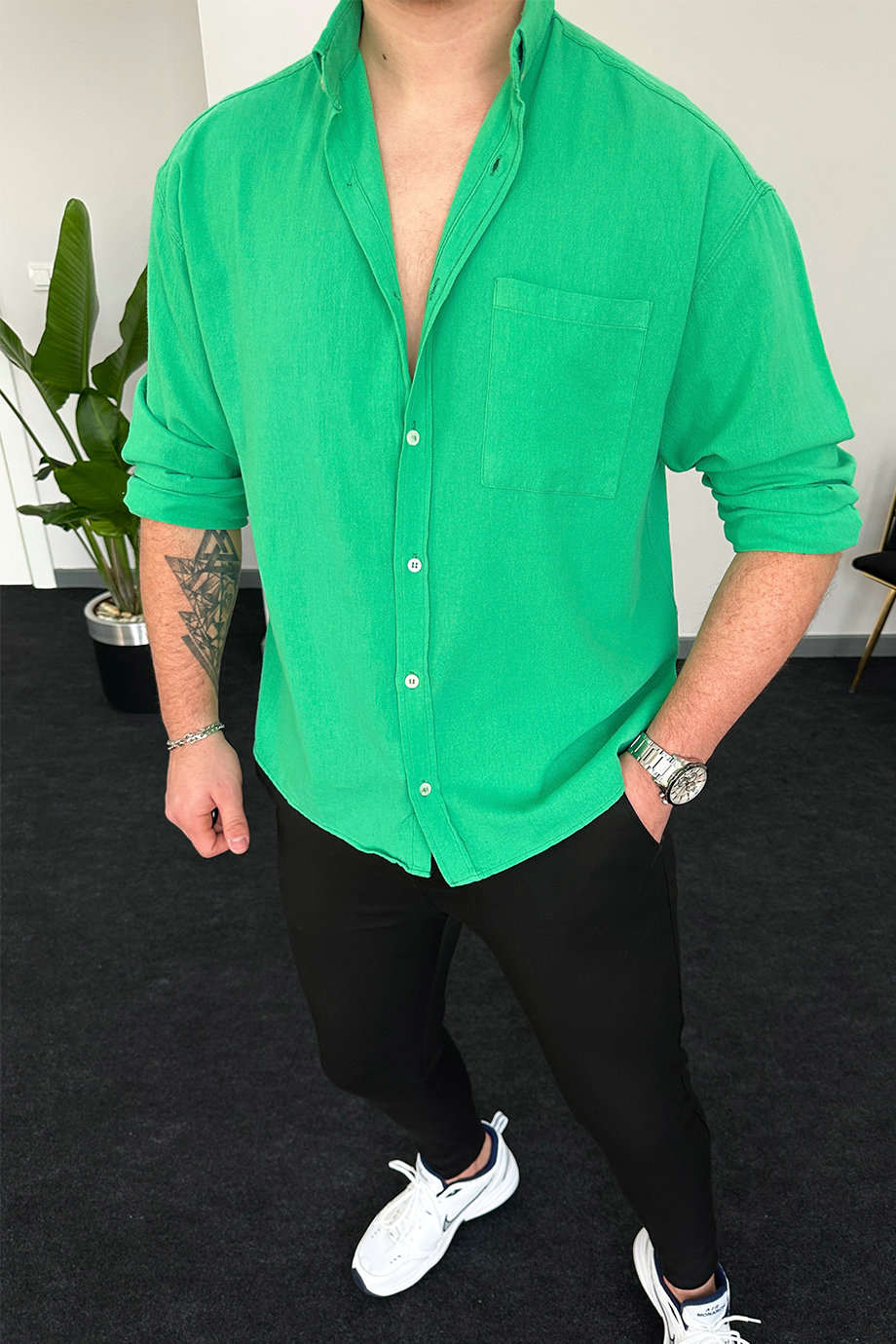 YEŞİL OVERSIZE HAM KETEN GÖMLEK