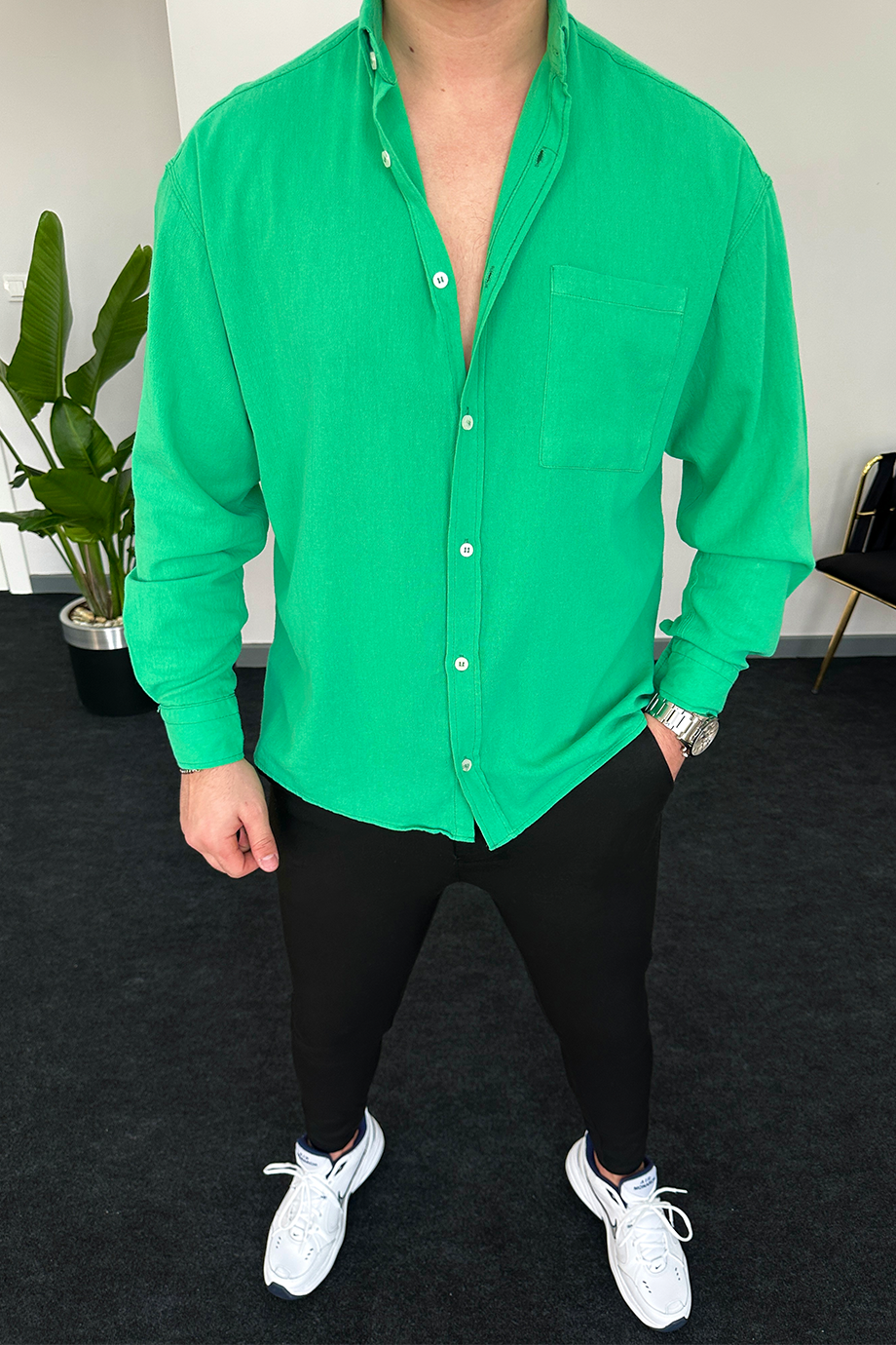 YEŞİL OVERSIZE HAM KETEN GÖMLEK