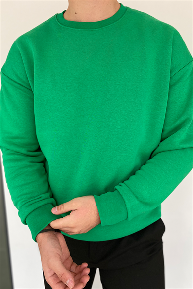 YEŞİL OVERSIZE KALIP BİSİKLET YAKA BASİC SWEATSHİRT