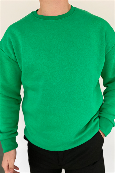 YEŞİL OVERSIZE KALIP BİSİKLET YAKA BASİC SWEATSHİRT