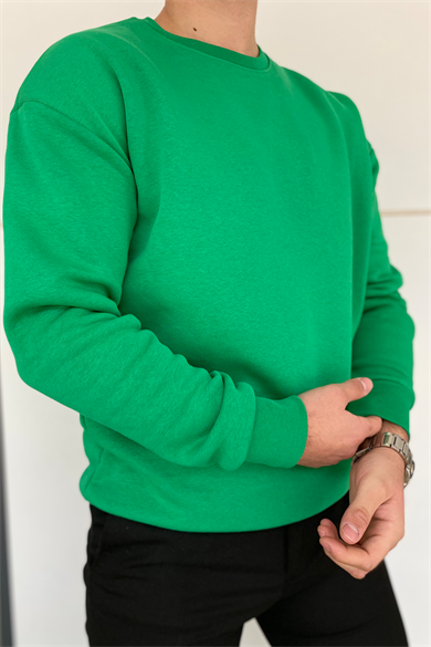 YEŞİL OVERSIZE KALIP BİSİKLET YAKA BASİC SWEATSHİRT