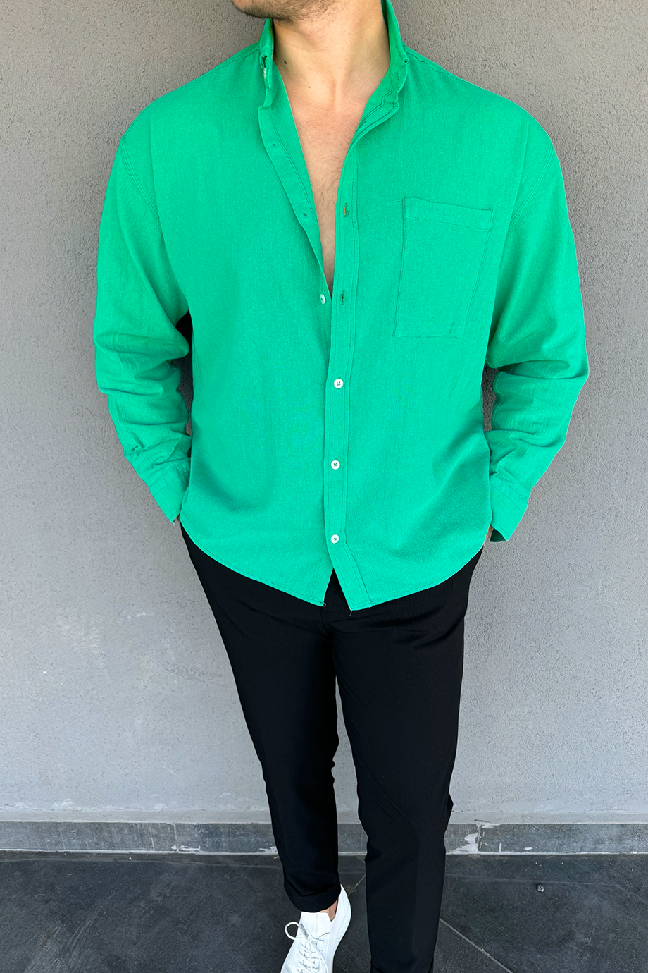 YEŞİL ŞİLE BEZİ HAM KETEN OVERSIZE GÖMLEK