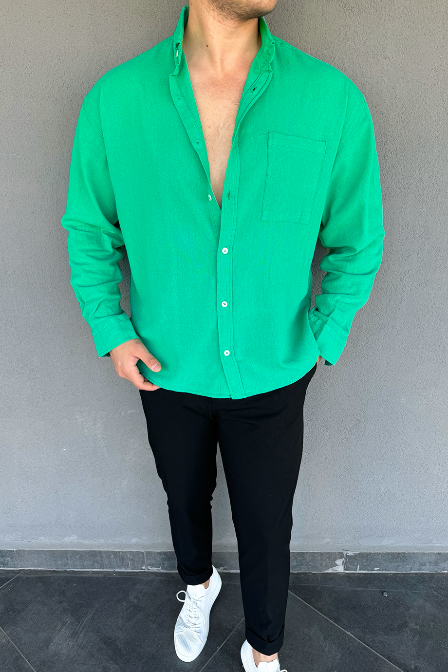 YEŞİL ŞİLE BEZİ HAM KETEN OVERSIZE GÖMLEK