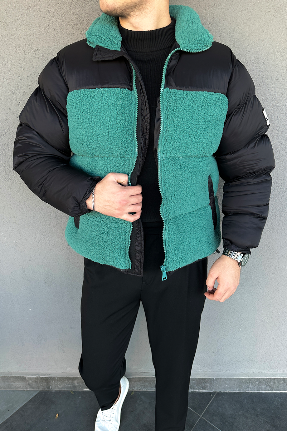 YEŞİL-SİYAH OVERSIZE PELUŞ DETAYLI ŞİŞE MONT