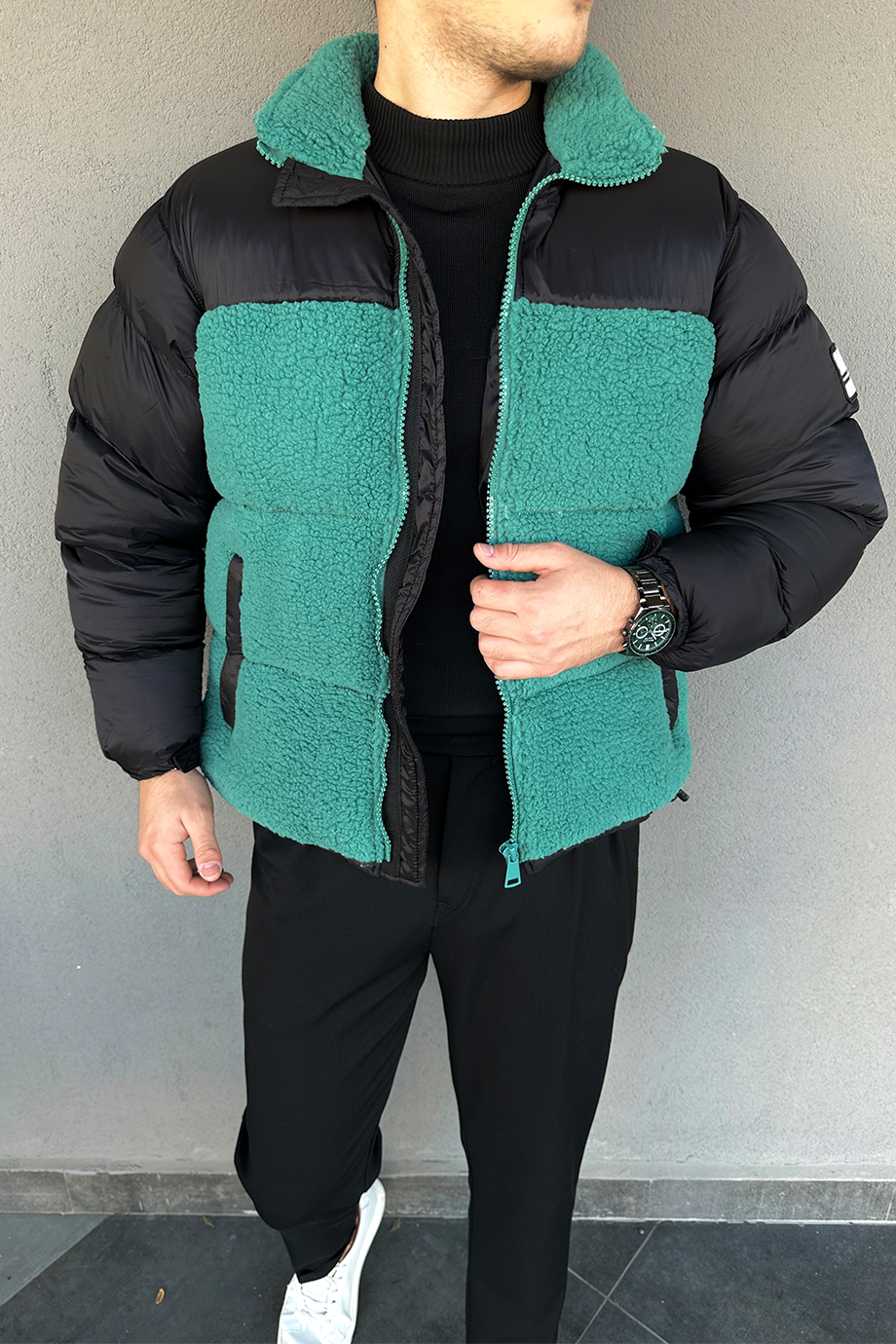 YEŞİL-SİYAH OVERSIZE PELUŞ DETAYLI ŞİŞE MONT