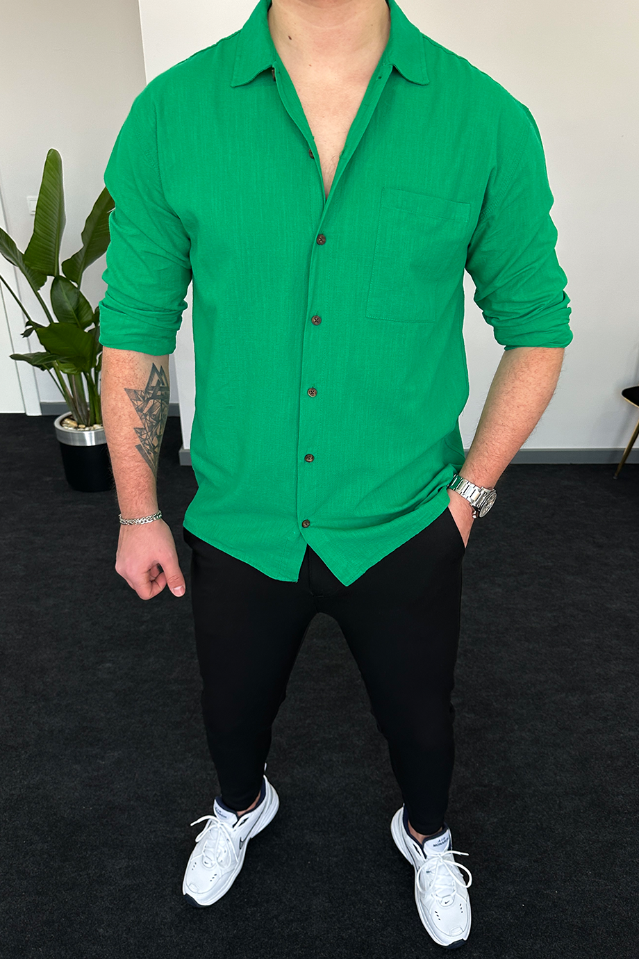 YEŞİL STANDART KALIP HAM KETEN GÖMLEK
