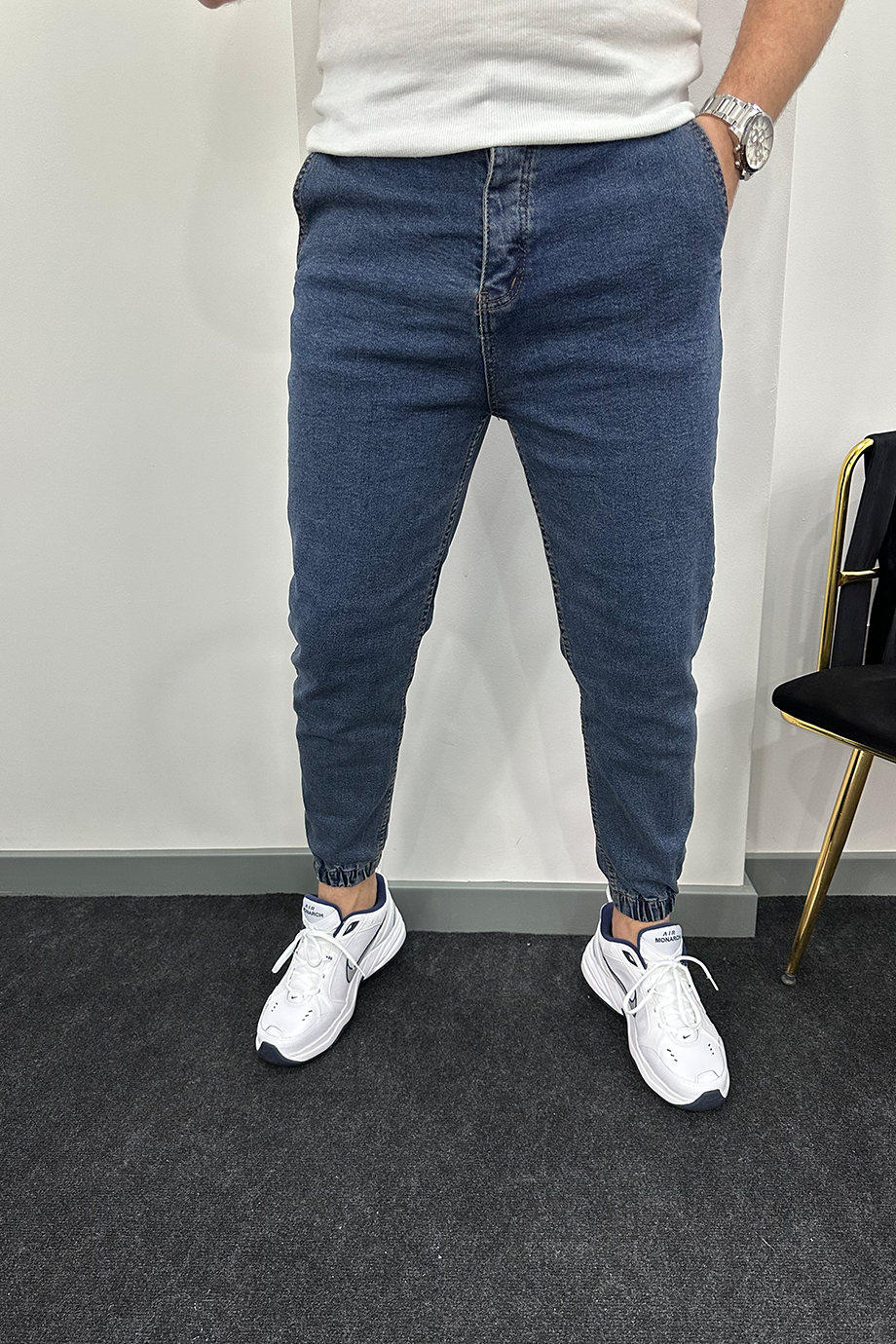 YIKAMALI KOT PAÇA LASTİKLİ RAHAT KALIP KOT PANTALON
