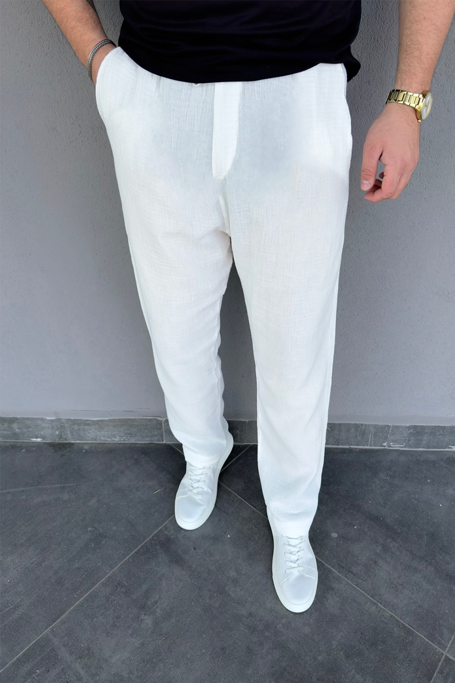 BEYAZ MÜSLİM KUMAŞ BAGGY PANTALON