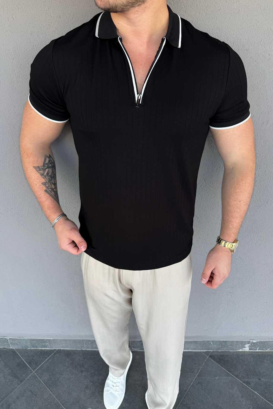 SİYAH FERMUARLI ÇİZGİLİ PREMİUM T-SHİRT