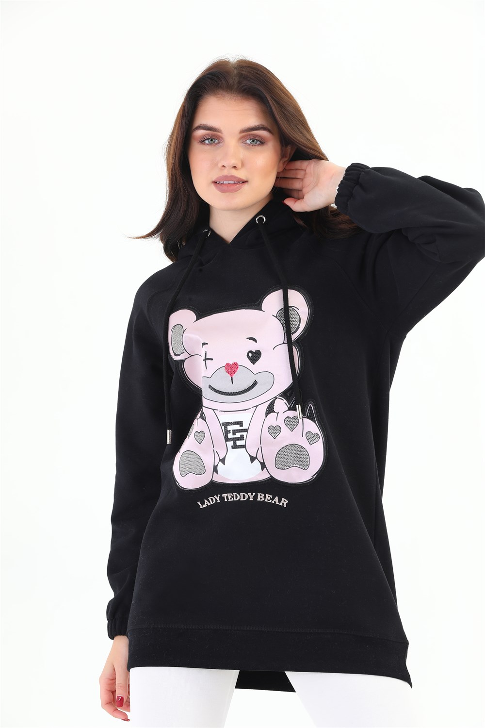 %100 Organik Pamuk Lady Teddy Bear Kapüşonlu Sweatshirt