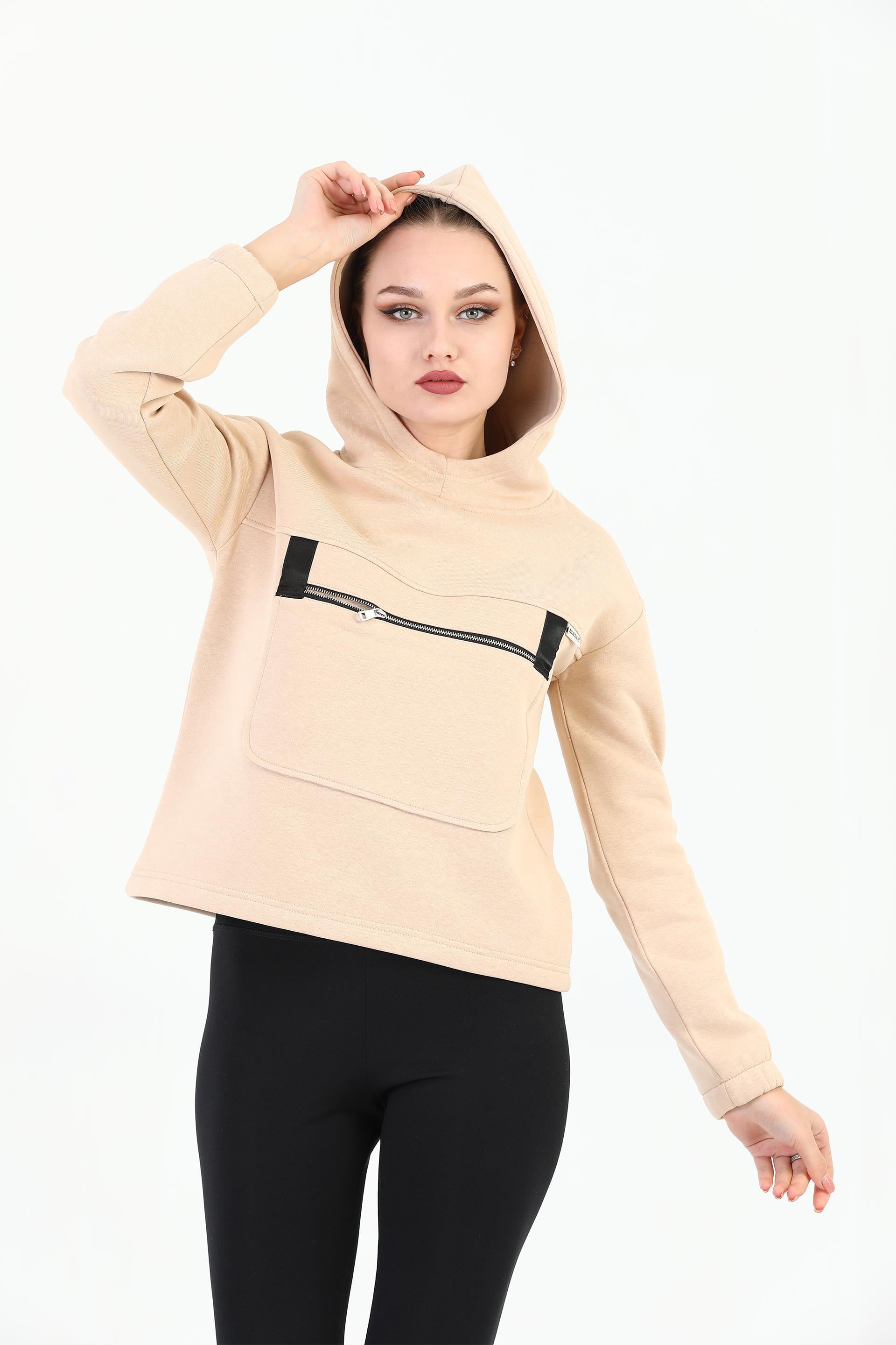 Edelle Bej Kapüşonlu Kanguru Cepli Regular Fit Kadın Sweatshirt