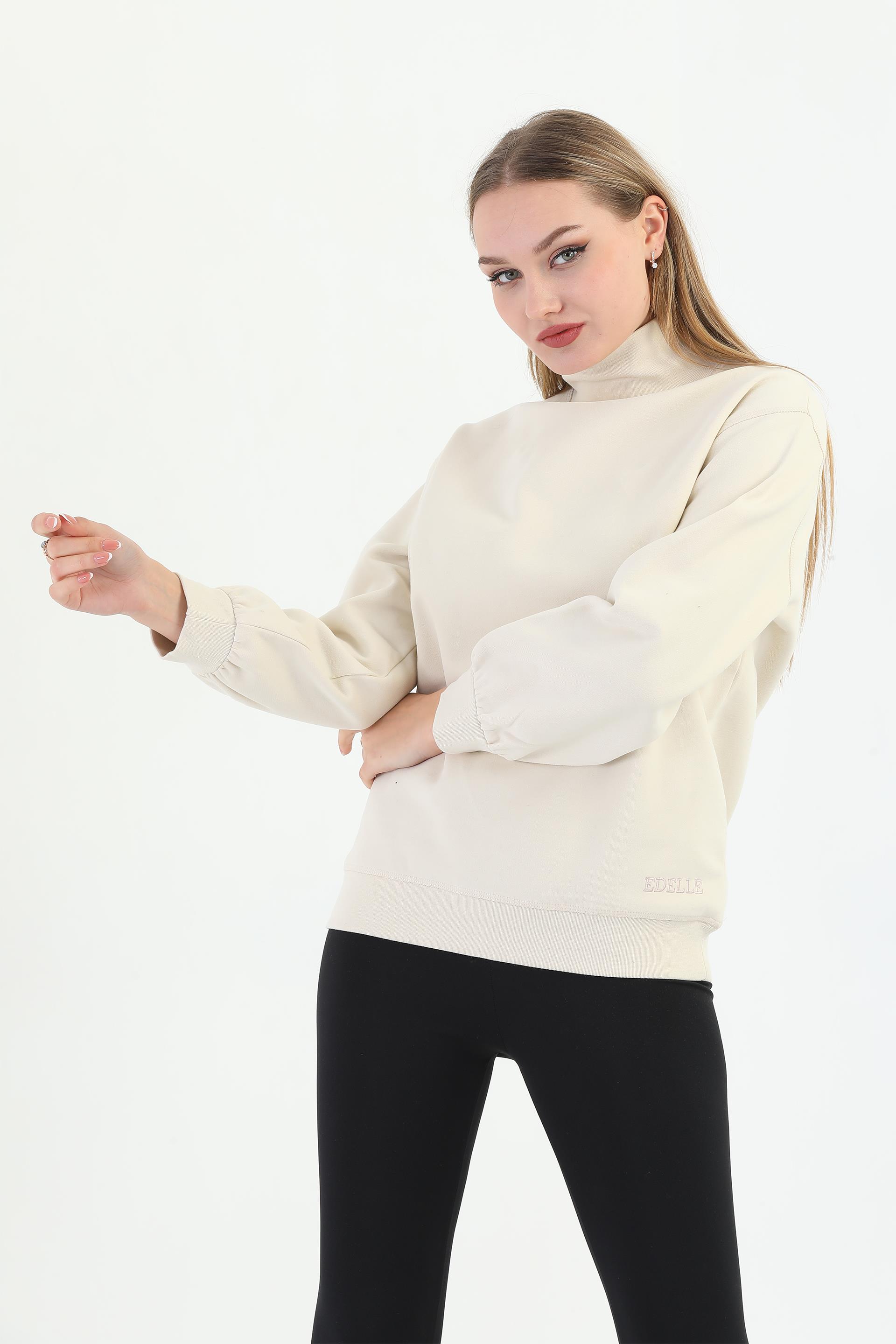 Edelle Bej Organik Kadın Sweatshirt Balıkçı Yaka